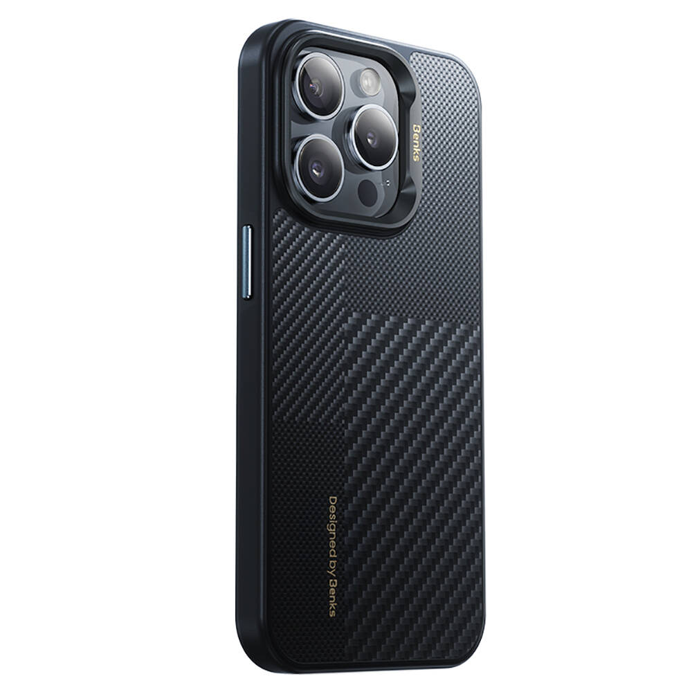 Apple iPhone 15 Pro Uyumlu Kılıf M-safe Şarj Özellikli Karbon Fiber Benks Montage Hybrid ArmorPro Kevlar Kapak