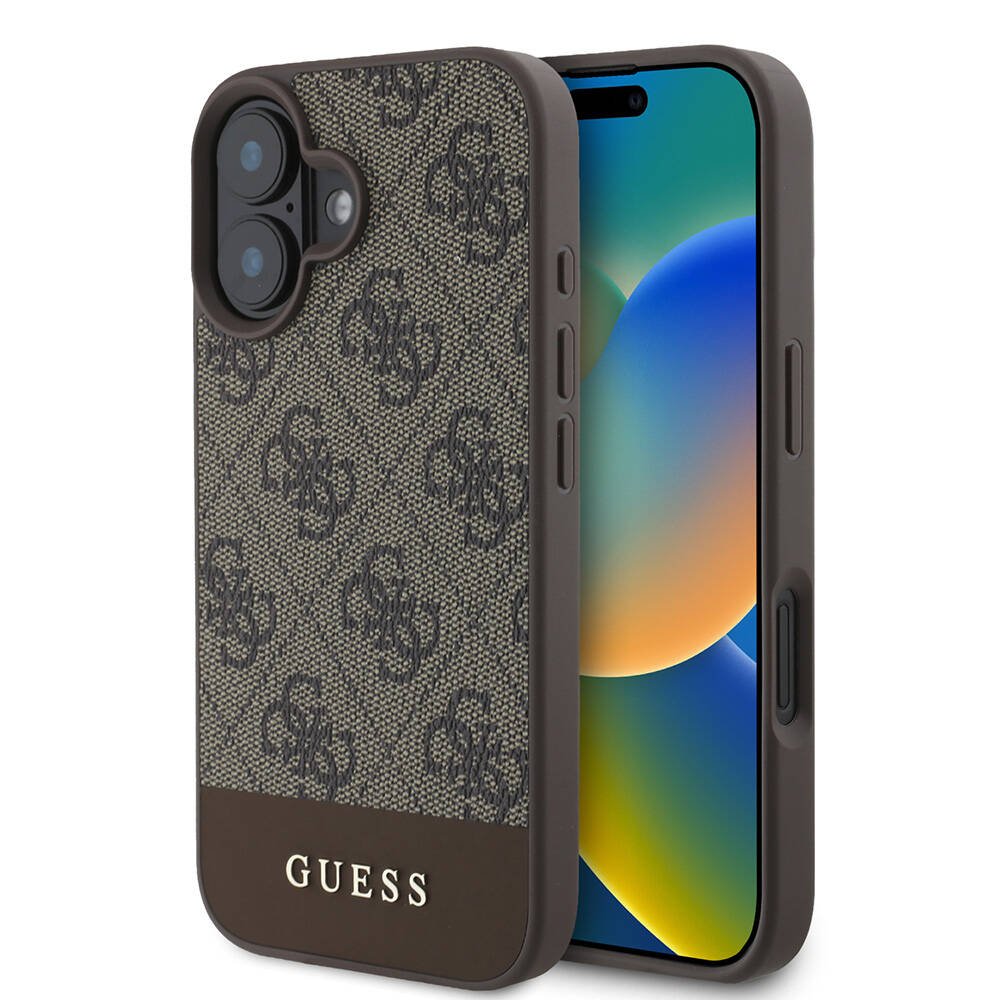 Apple iPhone 16 Plus Uyumlu Kılıf Guess Orjinal Lisanslı M-safe Şarj Özellikli PU Deri Şerit Logo Dizaynlı Kapak