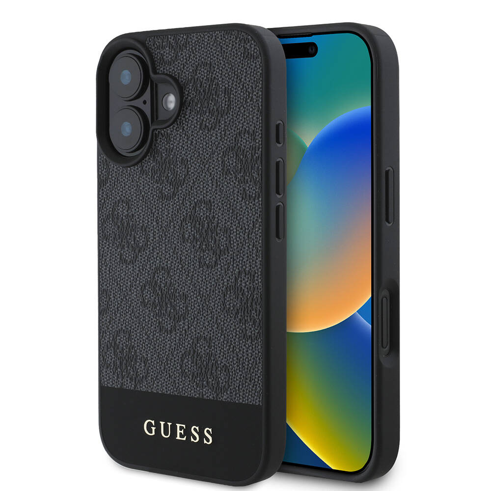 Apple iPhone 16 Plus Uyumlu Kılıf Guess Orjinal Lisanslı M-safe Şarj Özellikli PU Deri Şerit Logo Dizaynlı Kapak