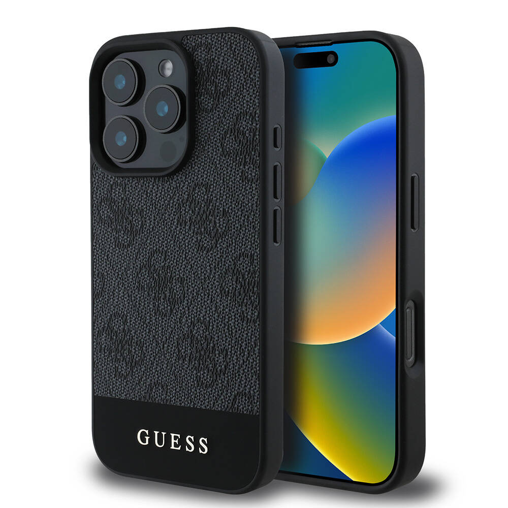 [ZTA109523] Apple iPhone 16 Pro Uyumlu Kılıf Guess Orjinal Lisanslı M-safe Şarj Özellikli PU Deri Şerit Logo Dizaynlı Kapak (Siyah)