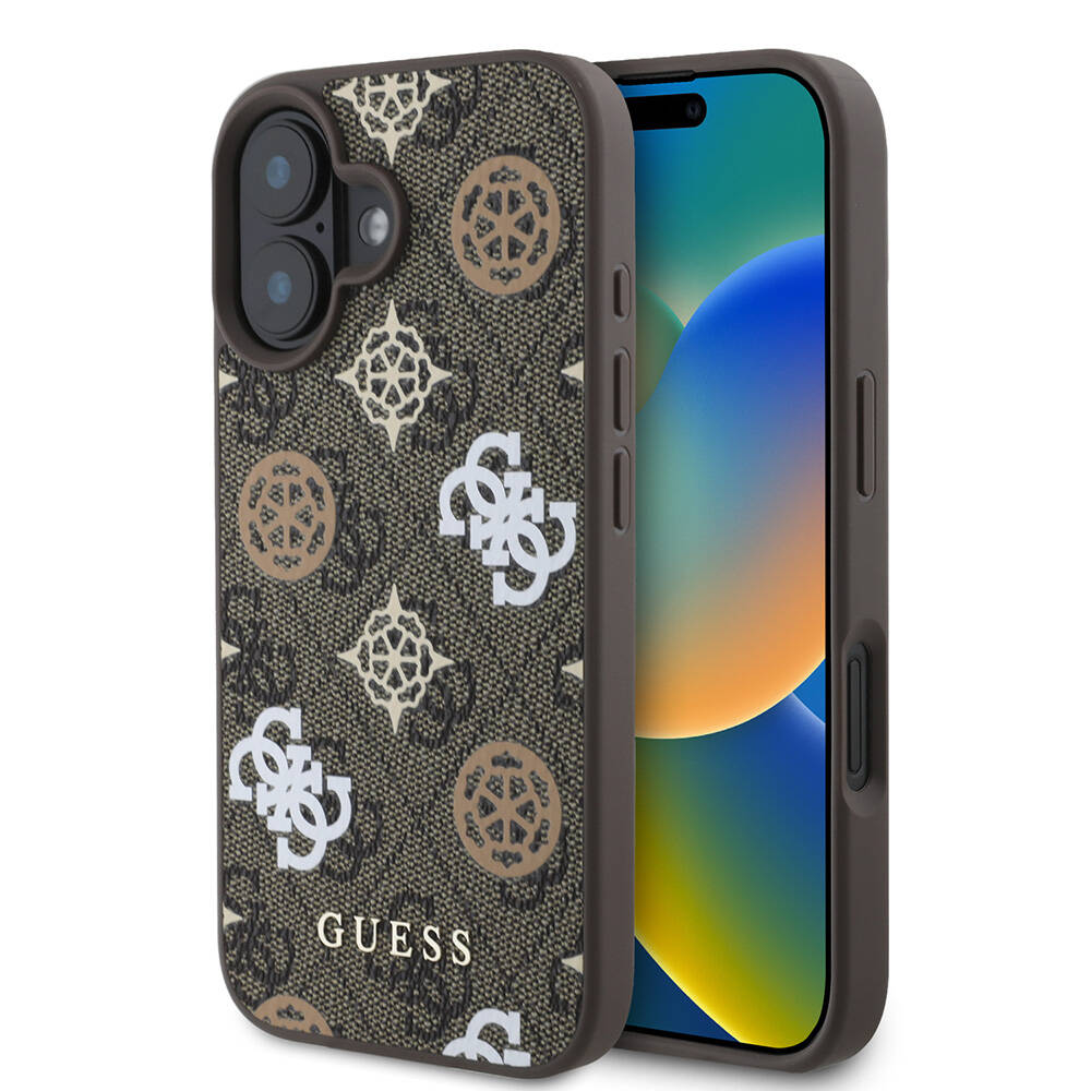 [ZTA109545] Apple iPhone 16 Uyumlu Kılıf Guess Orjinal Lisanslı M-safe Şarj Özellikli 4G Desenli Yazı Logolu Peony Kapak (Kahverengi)
