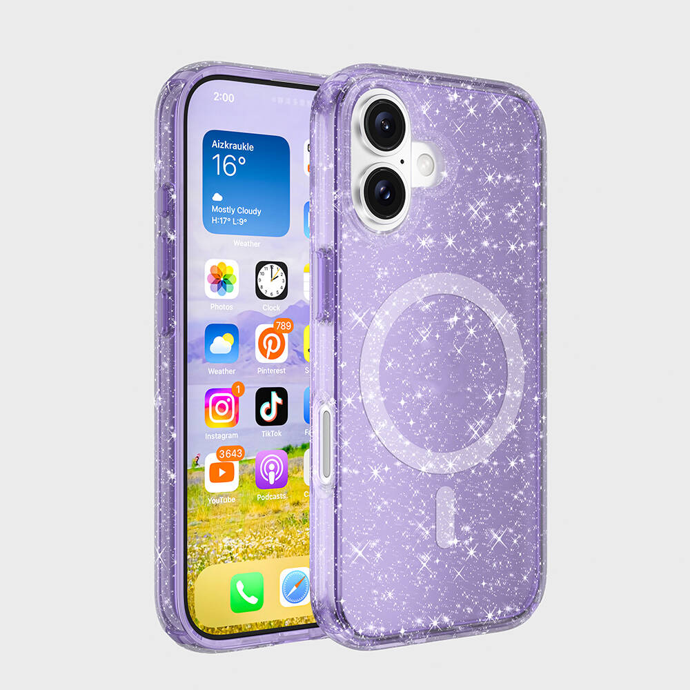 [RNZ-TA108675] Apple iPhone 16 Plus Uyumlu Kılıf M-safe Şarj Özellikli Parlayan Simli Saydam Renkli Zore Allstar Kapak (Mor)