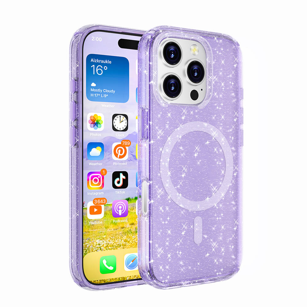 [RNZ-TA108678] Apple iPhone 16 Pro Uyumlu Kılıf M-safe Şarj Özellikli Parlayan Simli Saydam Renkli Zore Allstar Kapak (Mor)