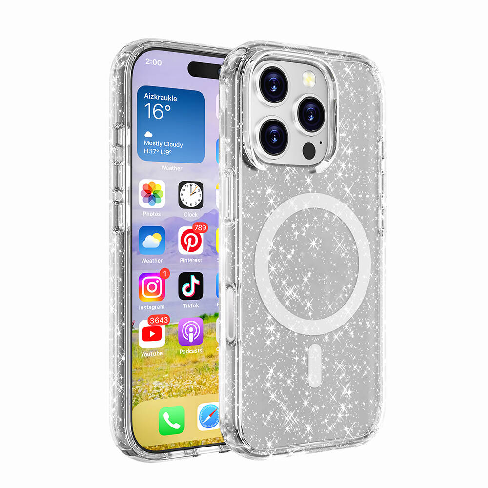 Apple iPhone 16 Pro Uyumlu Kılıf M-safe Şarj Özellikli Parlayan Simli Saydam Renkli Zore Allstar Kapak