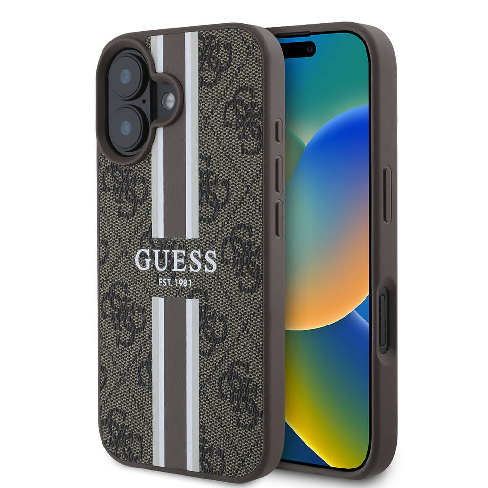 Apple iPhone 16 Plus Uyumlu Kılıf Guess Orjinal Lisanslı M-safe Şarj Özellikli 4G Şerit Tasarımlı Printed Kapak