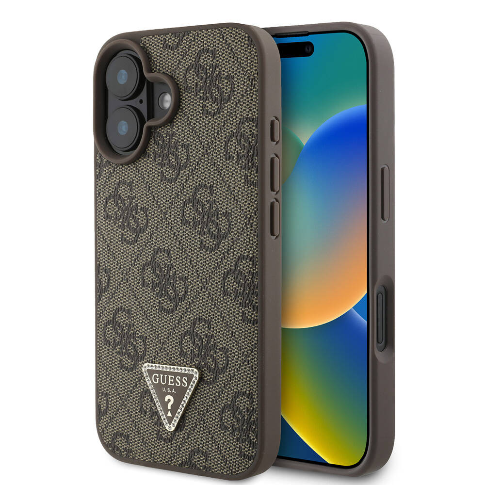 Apple iPhone 16 Uyumlu Kılıf Guess Orjinal Lisanslı M-safe Şarj Özellikli PU Deri 4G Desenli Taşlı Üçgen Logolu Kapak