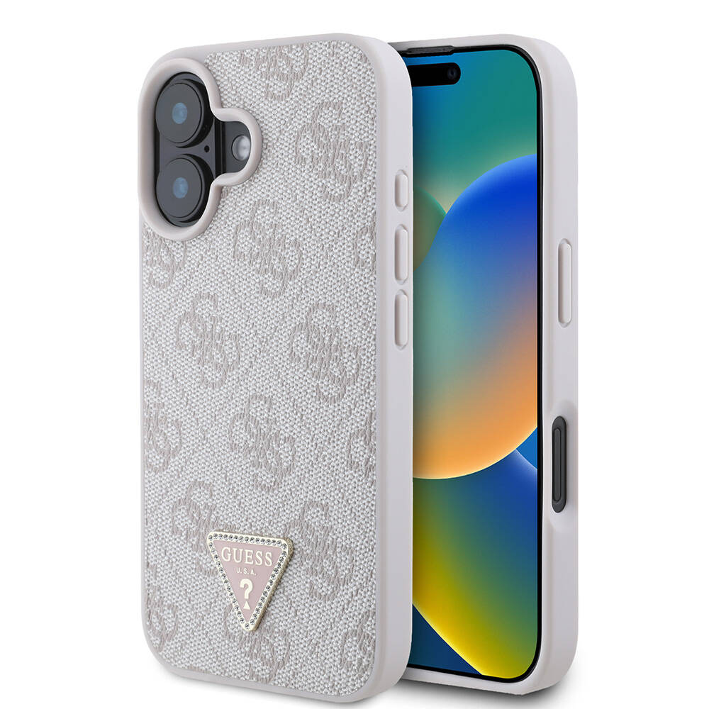 Apple iPhone 16 Uyumlu Kılıf Guess Orjinal Lisanslı M-safe Şarj Özellikli PU Deri 4G Desenli Taşlı Üçgen Logolu Kapak