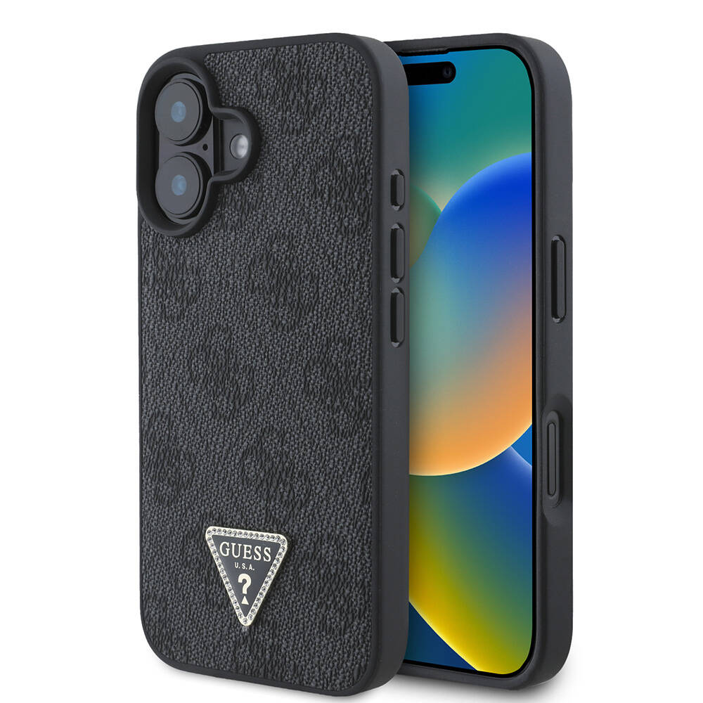 Apple iPhone 16 Uyumlu Kılıf Guess Orjinal Lisanslı M-safe Şarj Özellikli PU Deri 4G Desenli Taşlı Üçgen Logolu Kapak