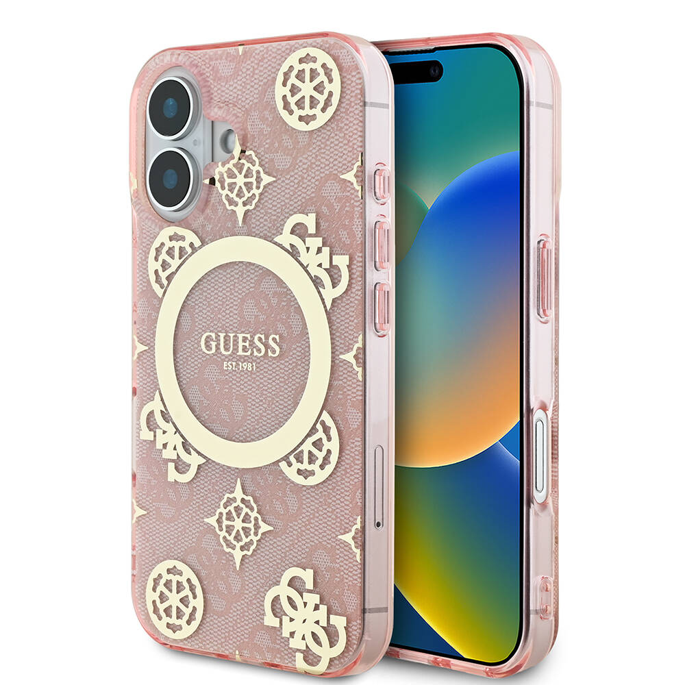 Apple iPhone 16 Plus Uyumlu Kılıf Guess Orjinal Lisanslı M-safe Şarj Özellikli 4G Desenli IML Yazı Logolu Peony Kapak