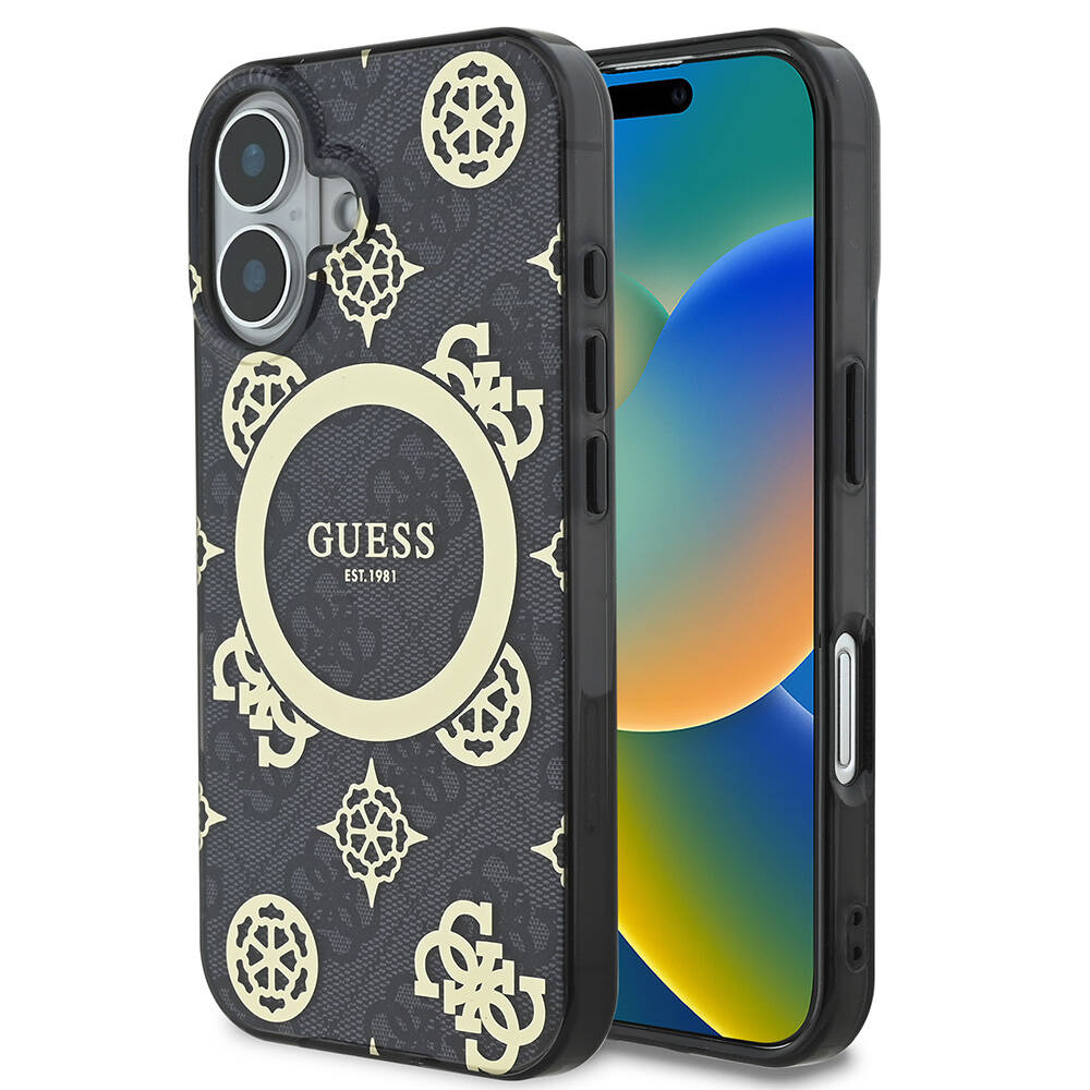 [RNZ-TA109938] Apple iPhone 16 Uyumlu Kılıf Guess Orjinal Lisanslı M-safe Şarj Özellikli 4G Desenli IML Yazı Logolu Peony Kapak (Siyah)