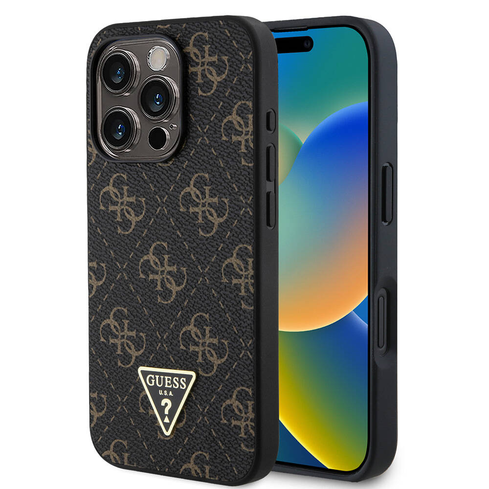 [RNZ-TA109880] Apple iPhone 16 Pro Uyumlu Kılıf Guess Orjinal Lisanslı PU Deri 4G Desenli Üçgen Logolu Kapak