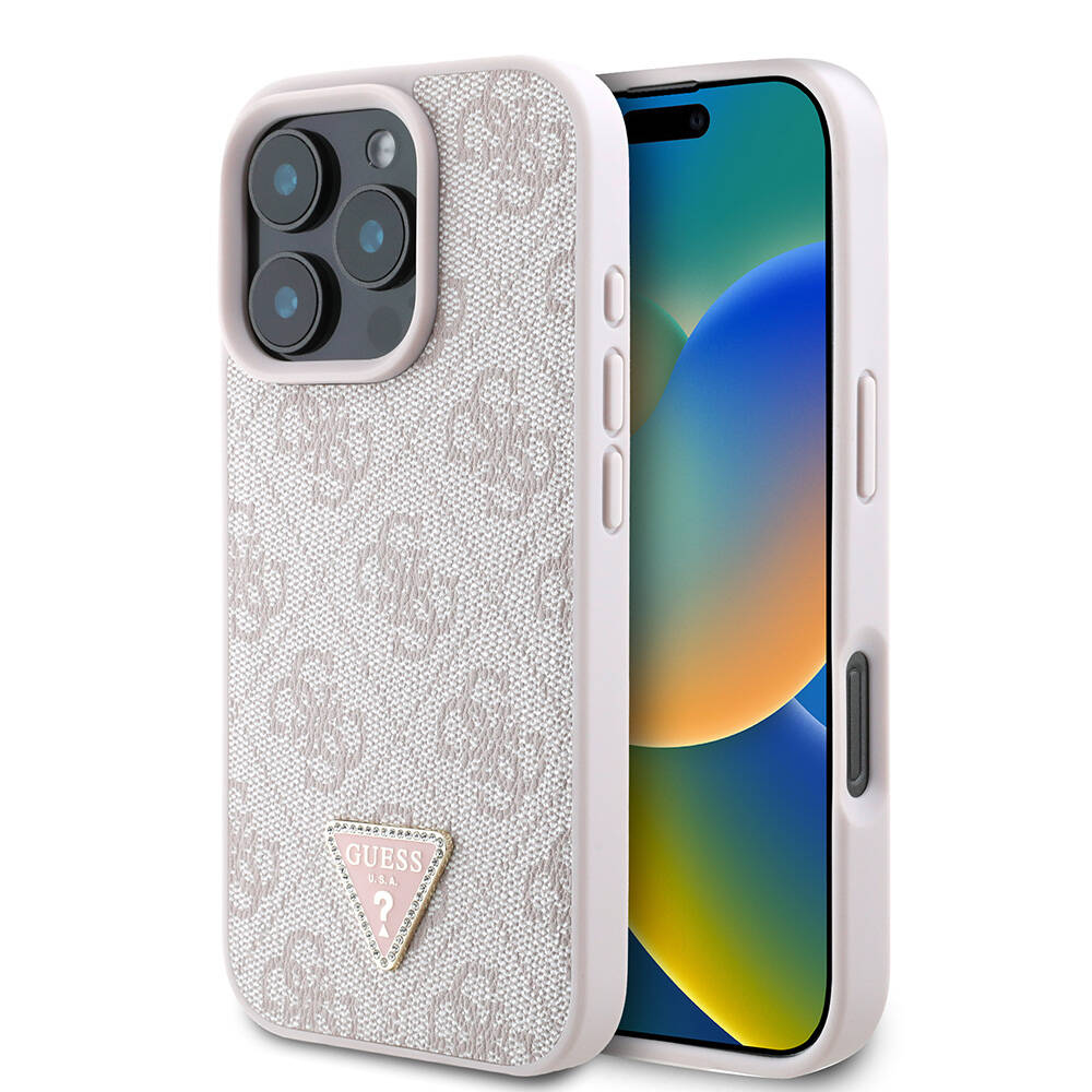 Apple iPhone 16 Pro Uyumlu Kılıf Guess Orjinal Lisanslı M-safe Şarj Özellikli PU Deri 4G Desenli Taşlı Üçgen Logolu Kapak