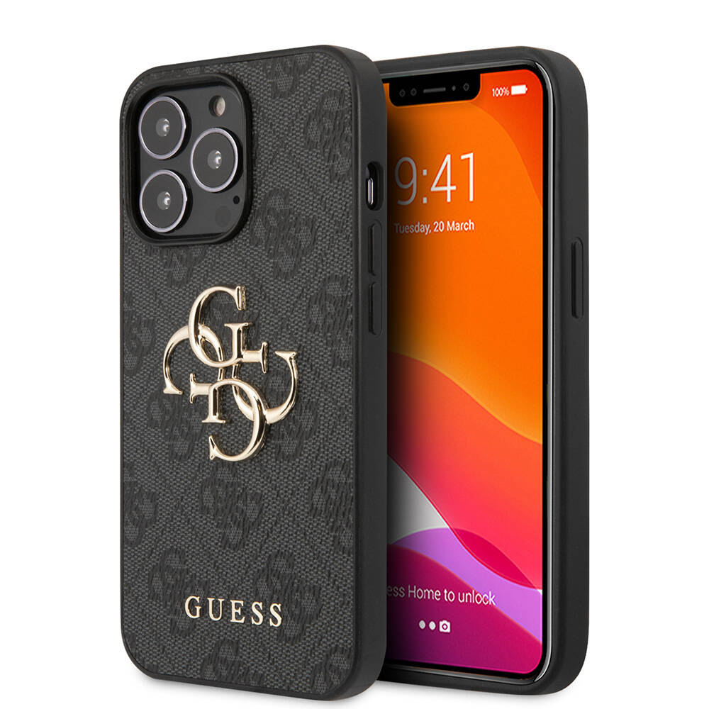 Apple iPhone 13 Pro Max Uyumlu Kılıf Guess Orjinal Lisanslı PU Deri 4G Desenli Metal Büyük 4G ve Yazı Logolu Kapak