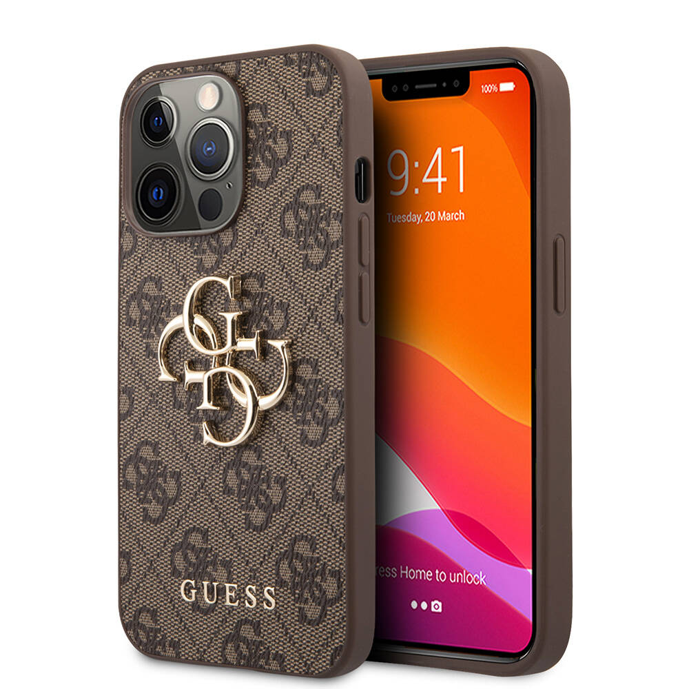 Apple iPhone 13 Pro Max Uyumlu Kılıf Guess Orjinal Lisanslı PU Deri 4G Desenli Metal Büyük 4G ve Yazı Logolu Kapak