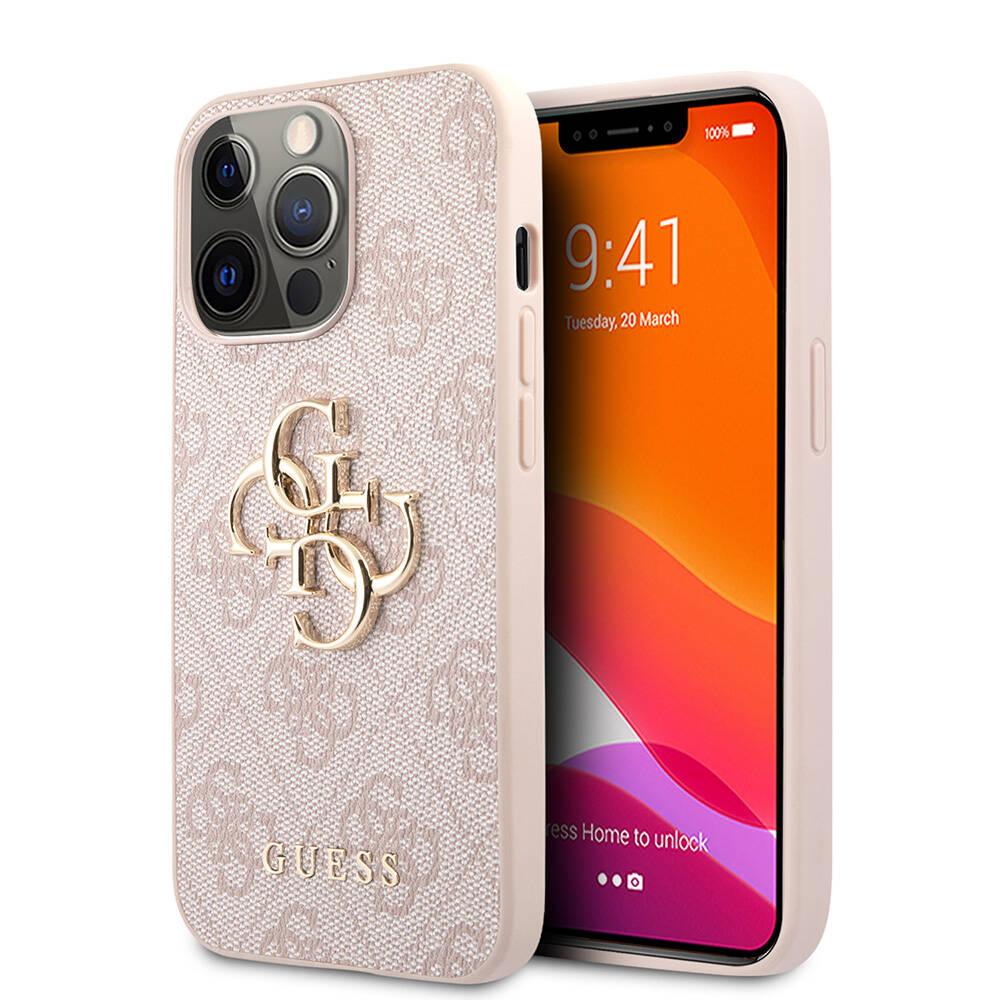 Apple iPhone 13 Pro Max Uyumlu Kılıf Guess Orjinal Lisanslı PU Deri 4G Desenli Metal Büyük 4G ve Yazı Logolu Kapak