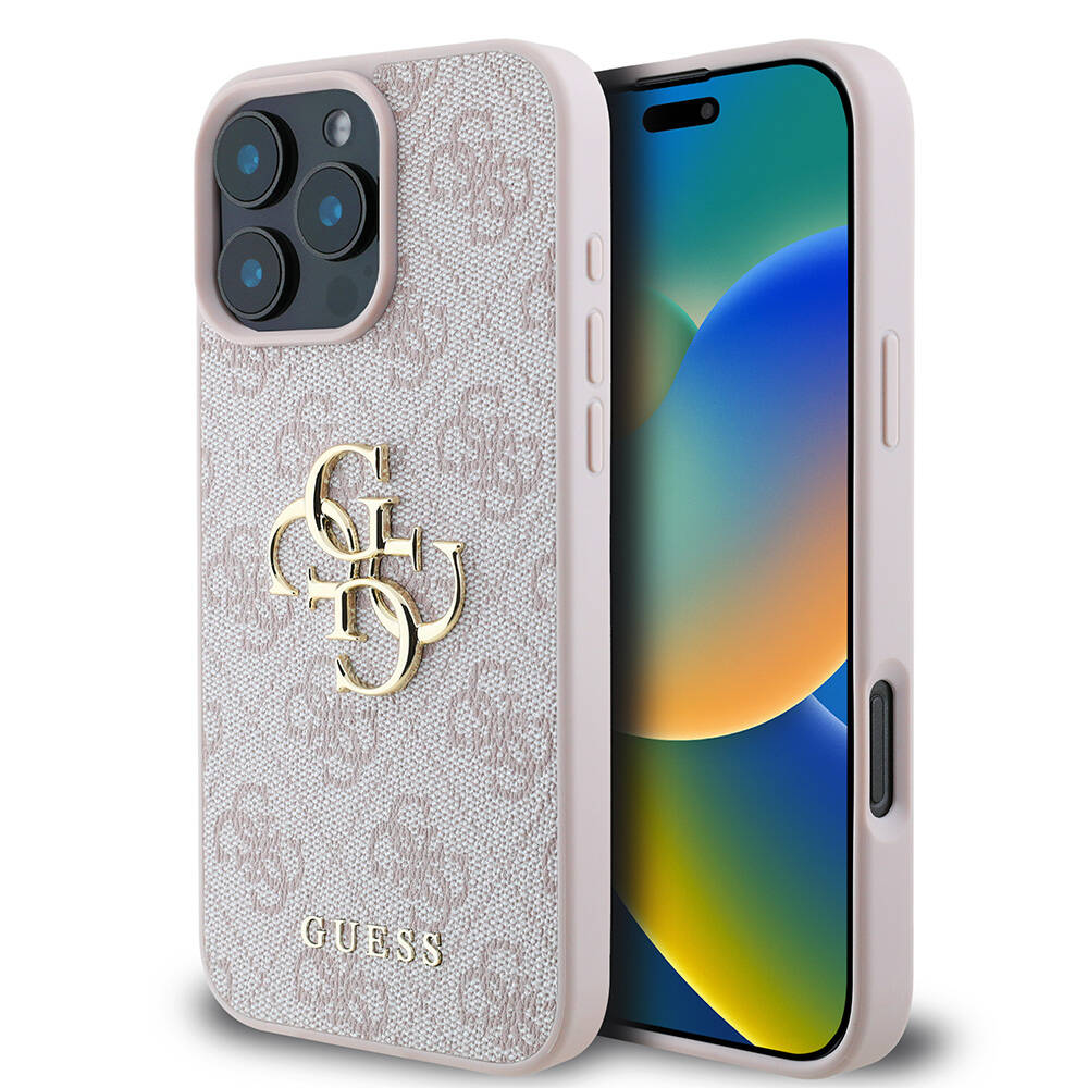 Apple iPhone 16 Pro Uyumlu Kılıf Guess Orjinal Lisanslı PU Deri 4G Desenli Metal Büyük 4G ve Yazı Logolu Kapak
