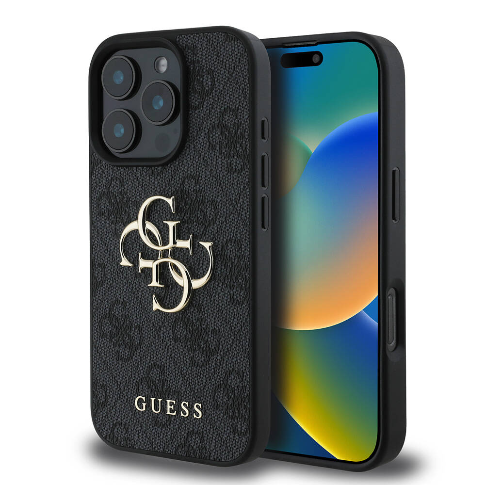 Apple iPhone 16 Pro Uyumlu Kılıf Guess Orjinal Lisanslı PU Deri 4G Desenli Metal Büyük 4G ve Yazı Logolu Kapak