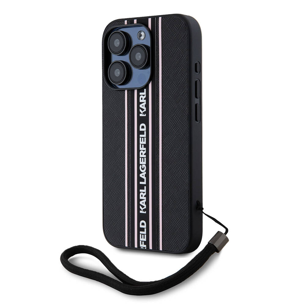 Apple iPhone 16 Pro Max Uyumlu Kılıf Karl Lagerfeld Orjinal Lisanslı Askılı Saffiano Athleisure Şerit Çizgili Kapak