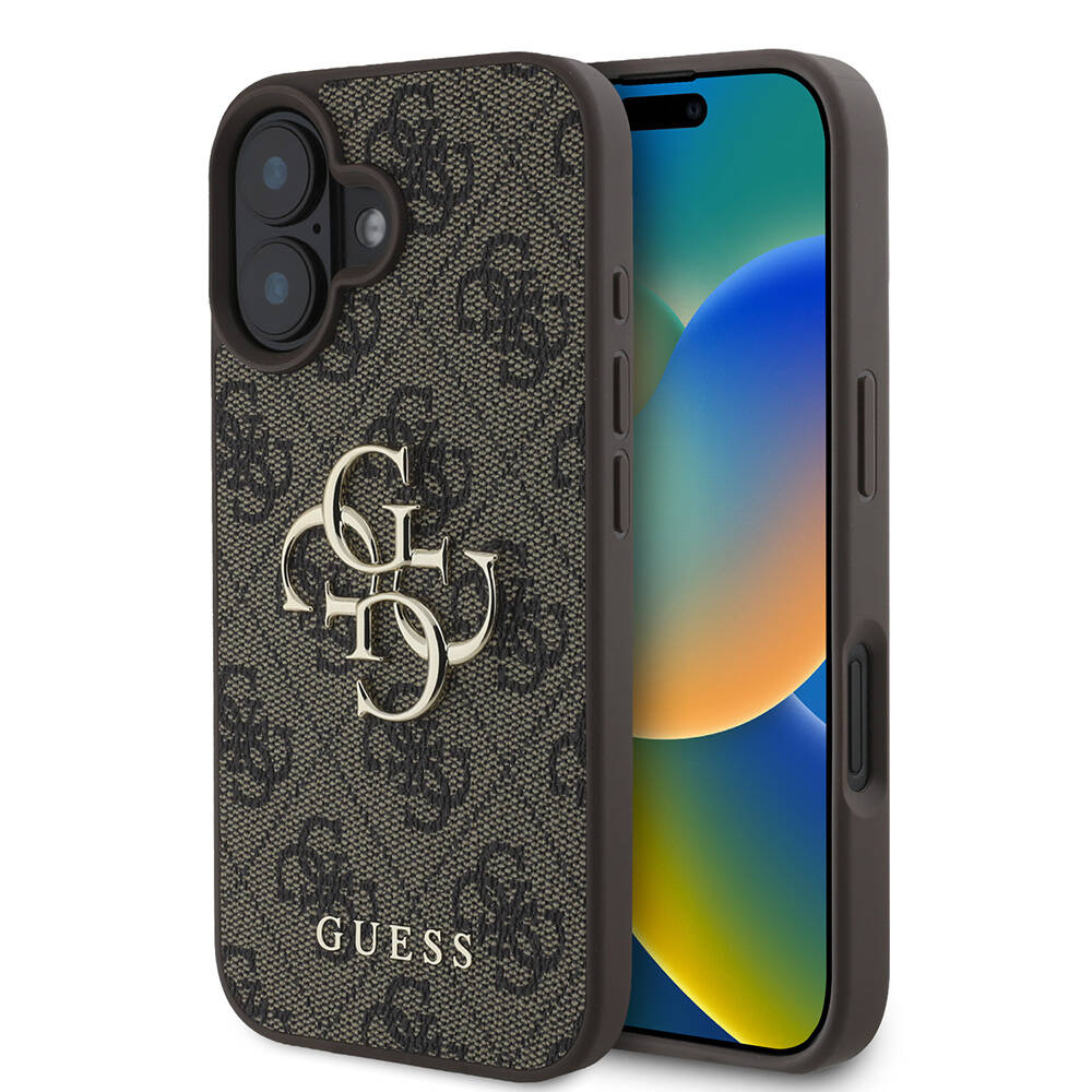 Apple iPhone 16 Uyumlu Kılıf Guess Orjinal Lisanslı PU Deri 4G Desenli Metal Büyük 4G ve Yazı Logolu Kapak