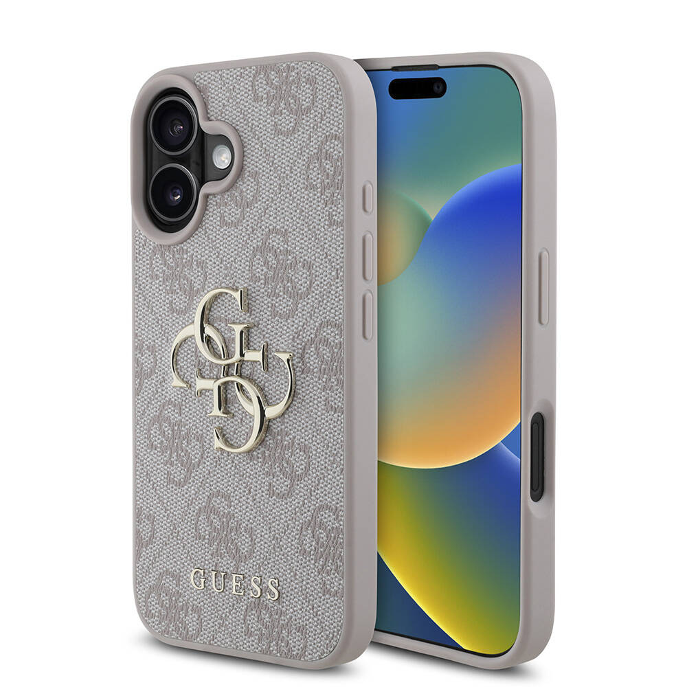 Apple iPhone 16 Uyumlu Kılıf Guess Orjinal Lisanslı PU Deri 4G Desenli Metal Büyük 4G ve Yazı Logolu Kapak