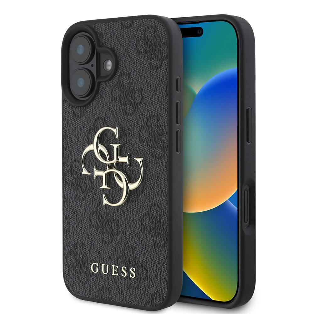 Apple iPhone 16 Uyumlu Kılıf Guess Orjinal Lisanslı PU Deri 4G Desenli Metal Büyük 4G ve Yazı Logolu Kapak