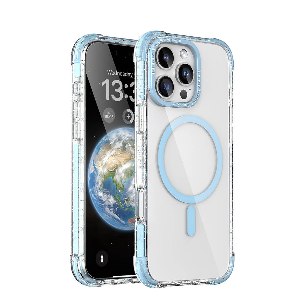 Apple iPhone 16 Pro Uyumlu Kılıf M-safe Şarj Özellikli Taşlı ve Simli Tasarım Mutural Blink Kapak