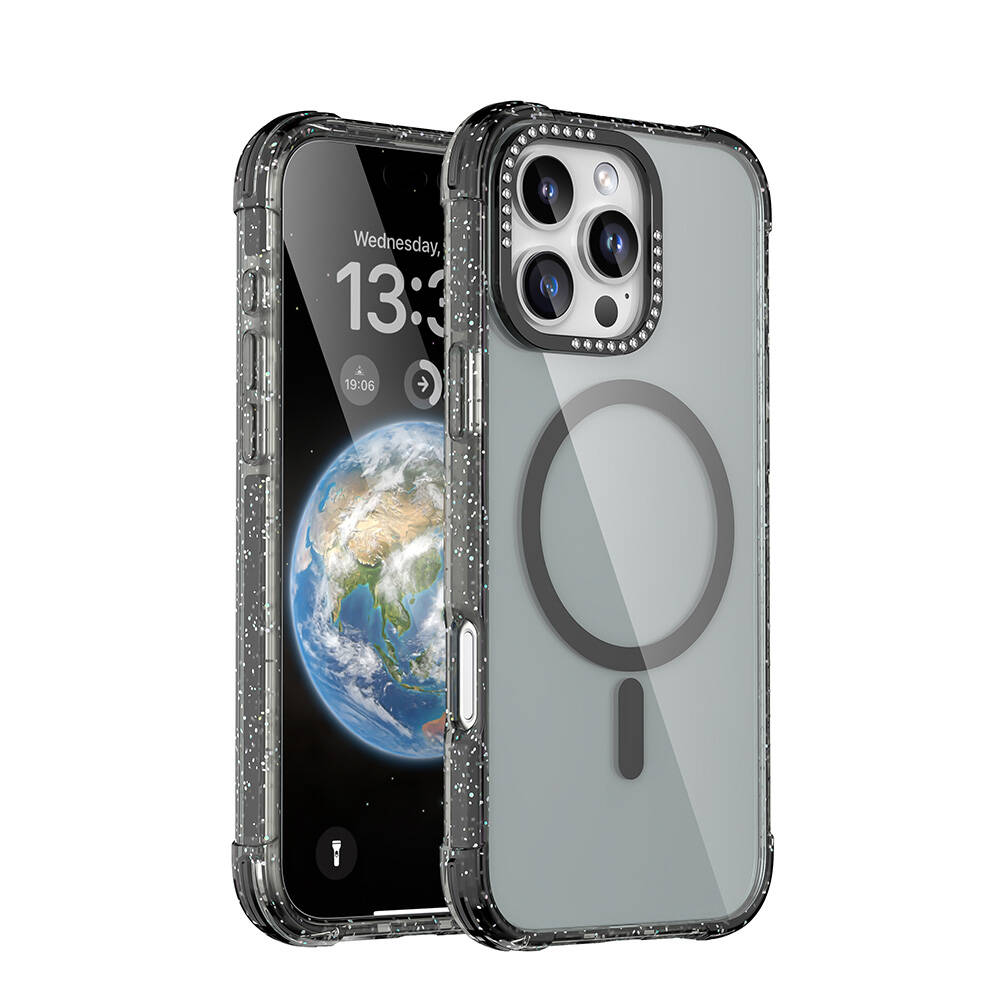 [RNZ-TA110542] Apple iPhone 16 Pro Uyumlu Kılıf M-safe Şarj Özellikli Taşlı ve Simli Tasarım Mutural Blink Kapak (Siyah)