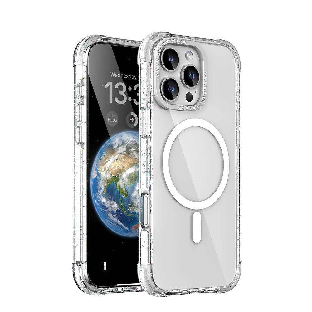 Apple iPhone 16 Pro Uyumlu Kılıf M-safe Şarj Özellikli Taşlı ve Simli Tasarım Mutural Blink Kapak