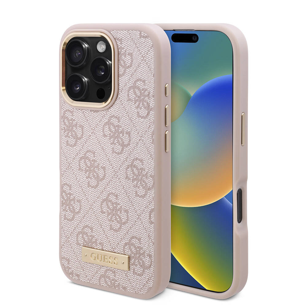 Apple iPhone 16 Pro Uyumlu Kılıf Guess Orjinal Lisanslı M-safe Şarj Özellikli 4G Desenli PU Metal Plaka Klasik Logolu Kapak