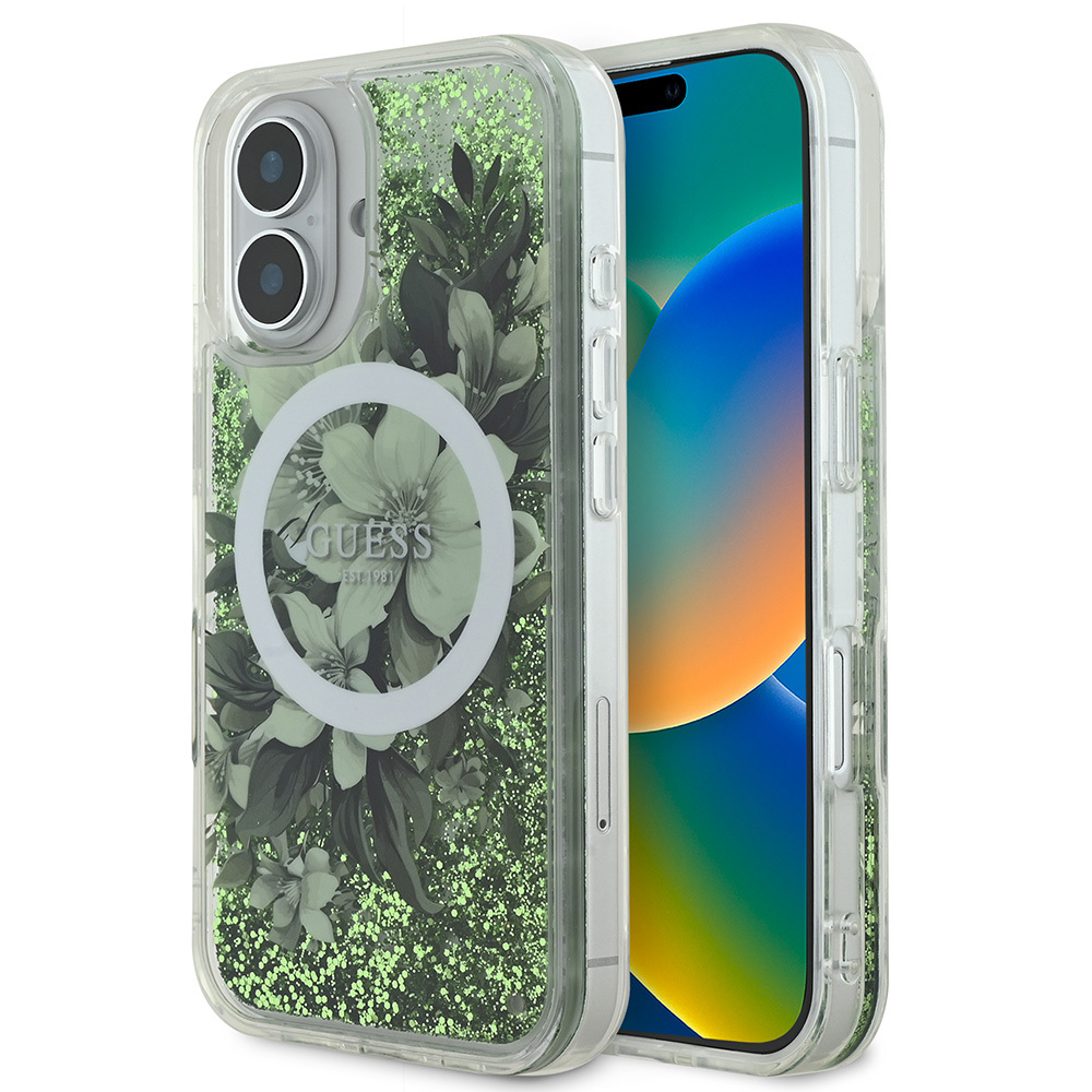 Apple iPhone 16 Uyumlu Kılıf Guess Orjinal Lisanslı M-safe Şarj Özellikli Sıvılı Simli Çiçek Desenli Kapak