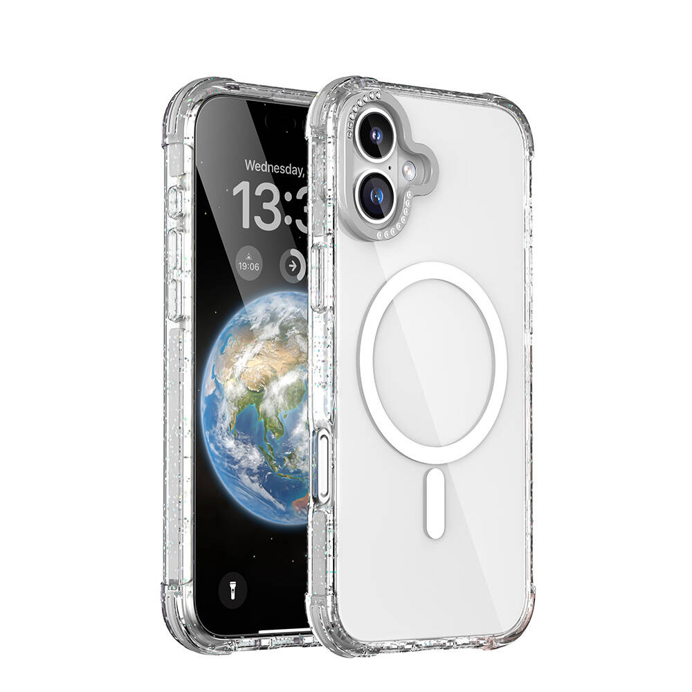 Apple iPhone 16 Uyumlu Kılıf M-safe Şarj Özellikli Taşlı ve Simli Tasarım Mutural Blink Kapak