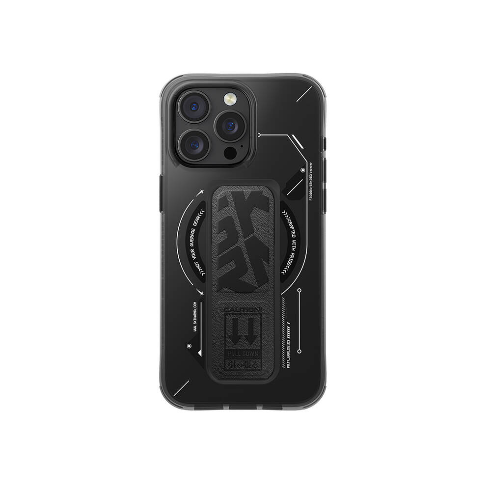 [RNZ-TA110671] Apple iPhone 16 Pro Uyumlu Kılıf M-safe Şarj Özellikli Teknoloji Desenli Standlı Skinarma Helio Kapak (Siyah)
