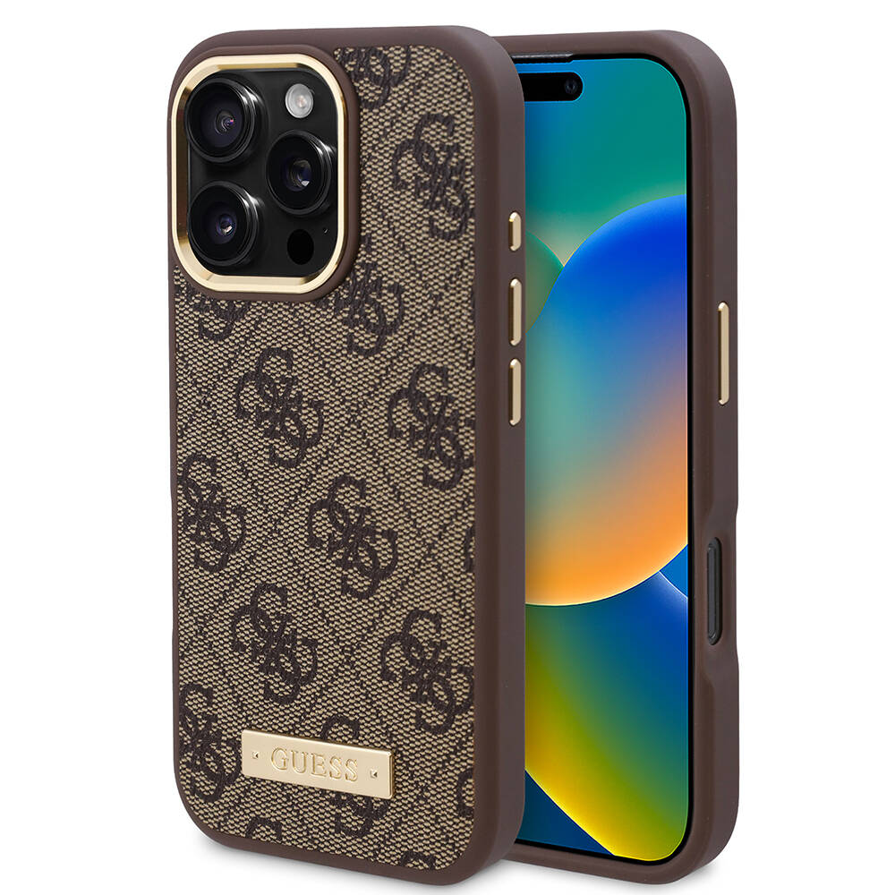 Apple iPhone 16 Pro Max Uyumlu Kılıf Guess Orjinal Lisanslı M-safe Şarj Özellikli 4G Desenli PU Metal Plaka Klasik Logolu Kapak