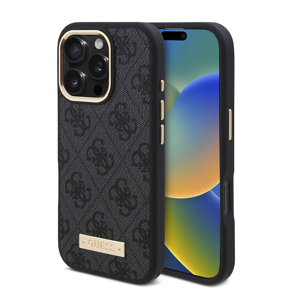 Apple iPhone 16 Pro Max Uyumlu Kılıf Guess Orjinal Lisanslı M-safe Şarj Özellikli 4G Desenli PU Metal Plaka Klasik Logolu Kapak