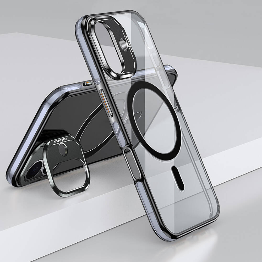 [RNZ-TA110469] Apple iPhone 16 Plus Uyumlu Kılıf M-safe Şarj Özellikli Wlons Standlı Efsane Kapak (Siyah)