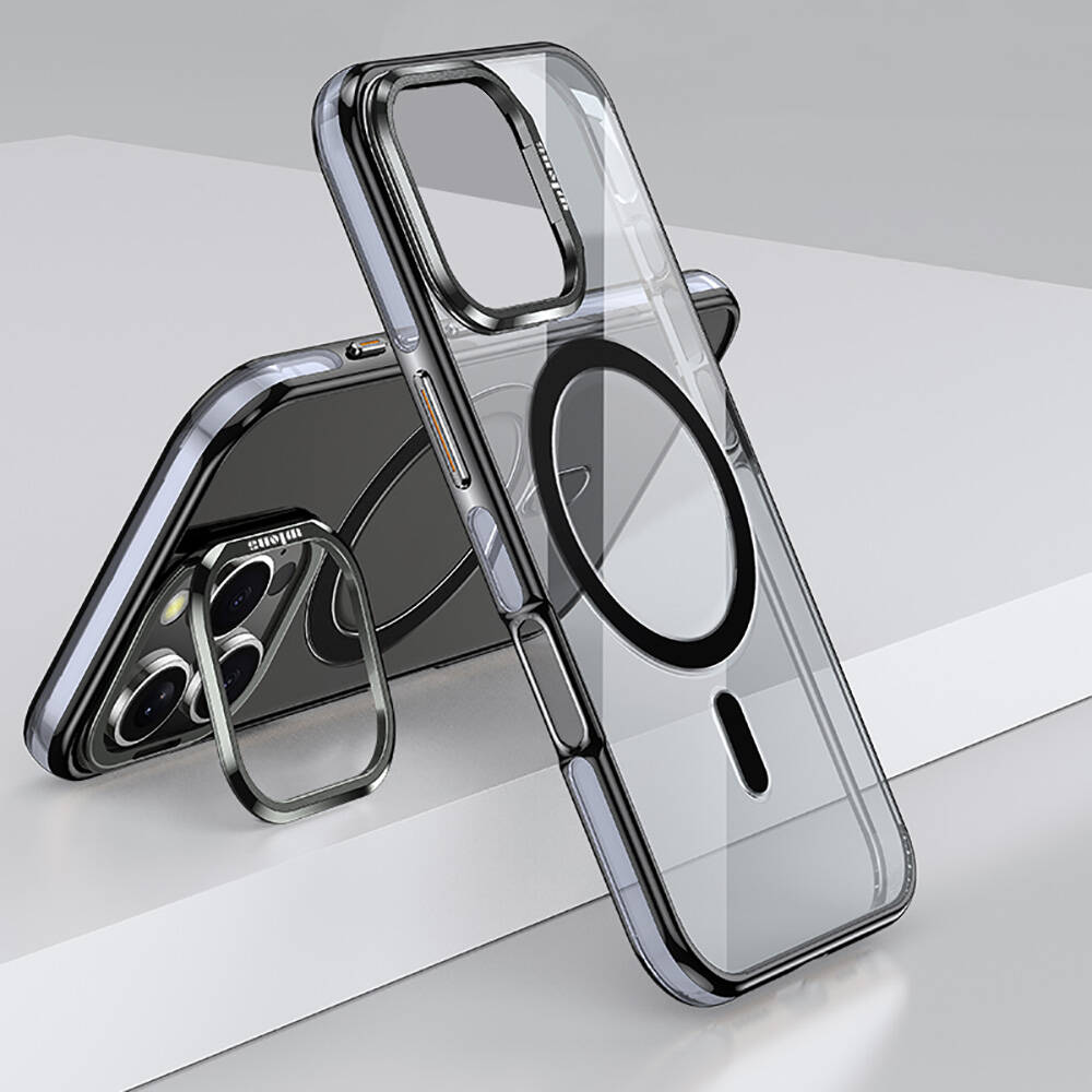 [RNZ-TA110472] Apple iPhone 16 Pro Uyumlu Kılıf M-safe Şarj Özellikli Wlons Standlı Efsane Kapak (Siyah)