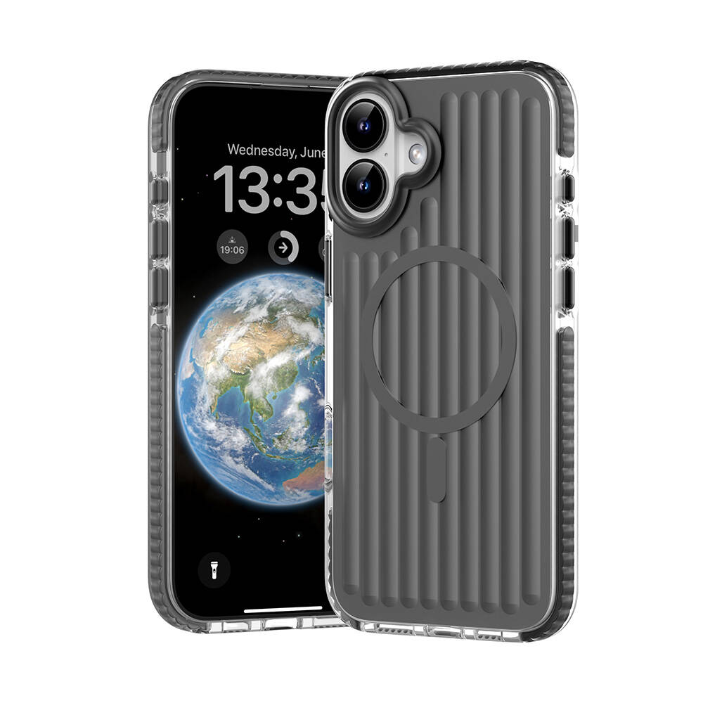 [RNZ-TA110516] Apple iPhone 16 Uyumlu Kılıf M-safe Şarj Özellikli Oyuklu Tasarım Mutural Bumpy Clear Kapak (Gri)