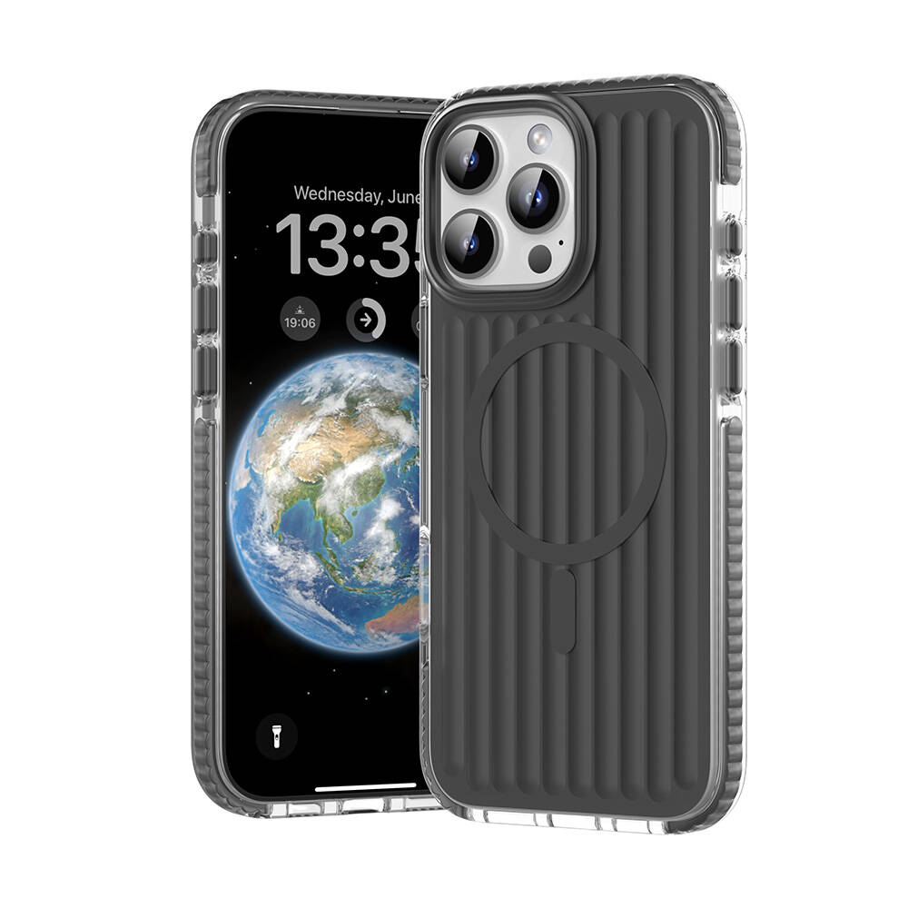 [RNZ-TA110529] Apple iPhone 16 Pro Max Uyumlu Kılıf M-safe Şarj Özellikli Oyuklu Tasarım Mutural Bumpy Clear Kapak (Gri)