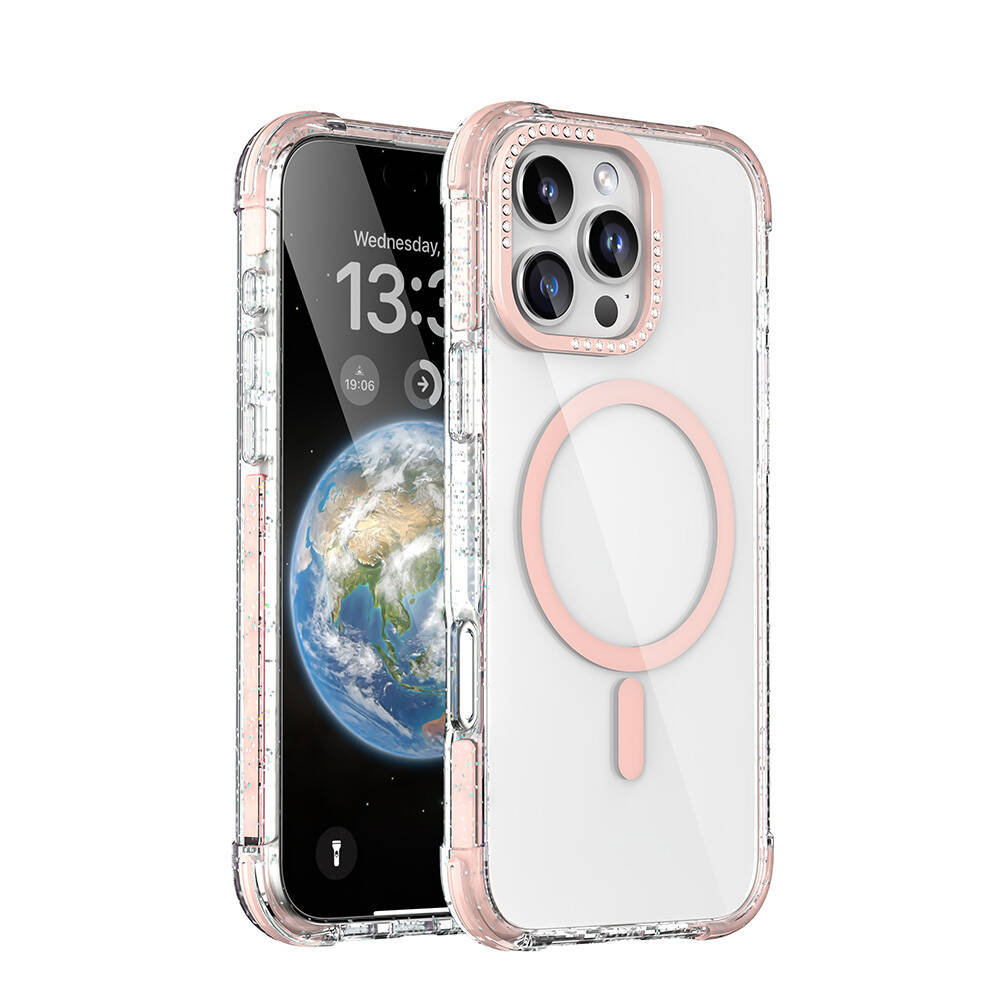 Apple iPhone 16 Pro Max Uyumlu Kılıf M-safe Şarj Özellikli Taşlı ve Simli Tasarım Mutural Blink Kapak