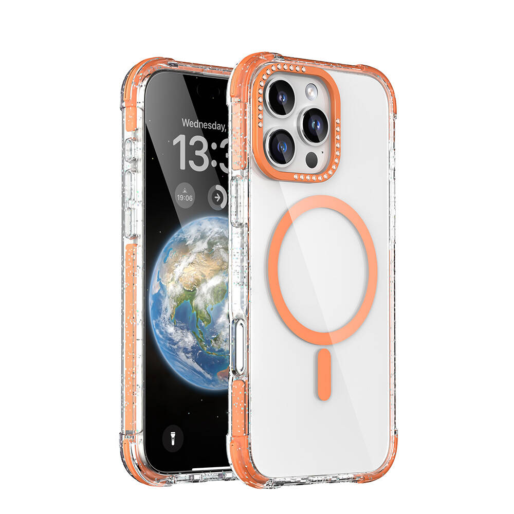 Apple iPhone 16 Pro Max Uyumlu Kılıf M-safe Şarj Özellikli Taşlı ve Simli Tasarım Mutural Blink Kapak