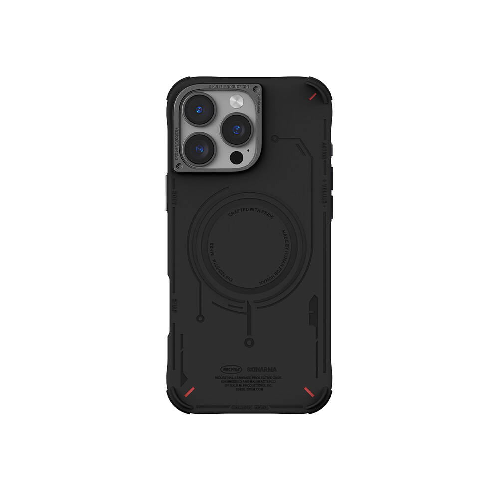 [RNZ-TA110502] Apple iPhone 16 Pro Uyumlu Kılıf M-safe Şarj Özellikli Metal Kamera Çerçeveli Skinarma Mecha Serisi Kapak (Siyah)