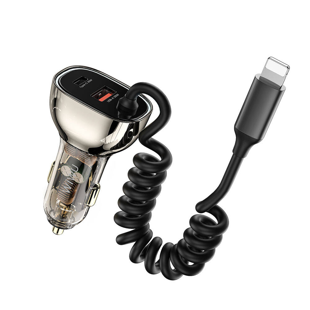 [RNZ-TA97922] Wiwu Wi-QC019 Geek Serisi Type-C + Lightning Kablolu + USB-A Hızlı Şarj Özellikli Transparan Tasarımlı Araç Şarj Aleti 90W