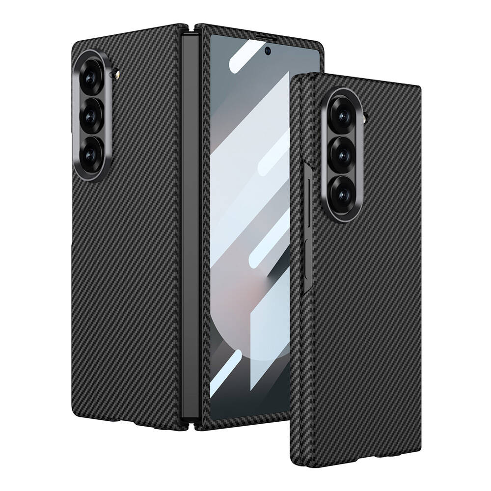 [RNZ-TA110373] Samsung Galaxy Z Fold 6 Uyumlu Kılıf Kamera Korumalı Karbon Fiber Tasarımlı Arka Yüzey Zore Kıpta Karbon Kapak (Siyah)
