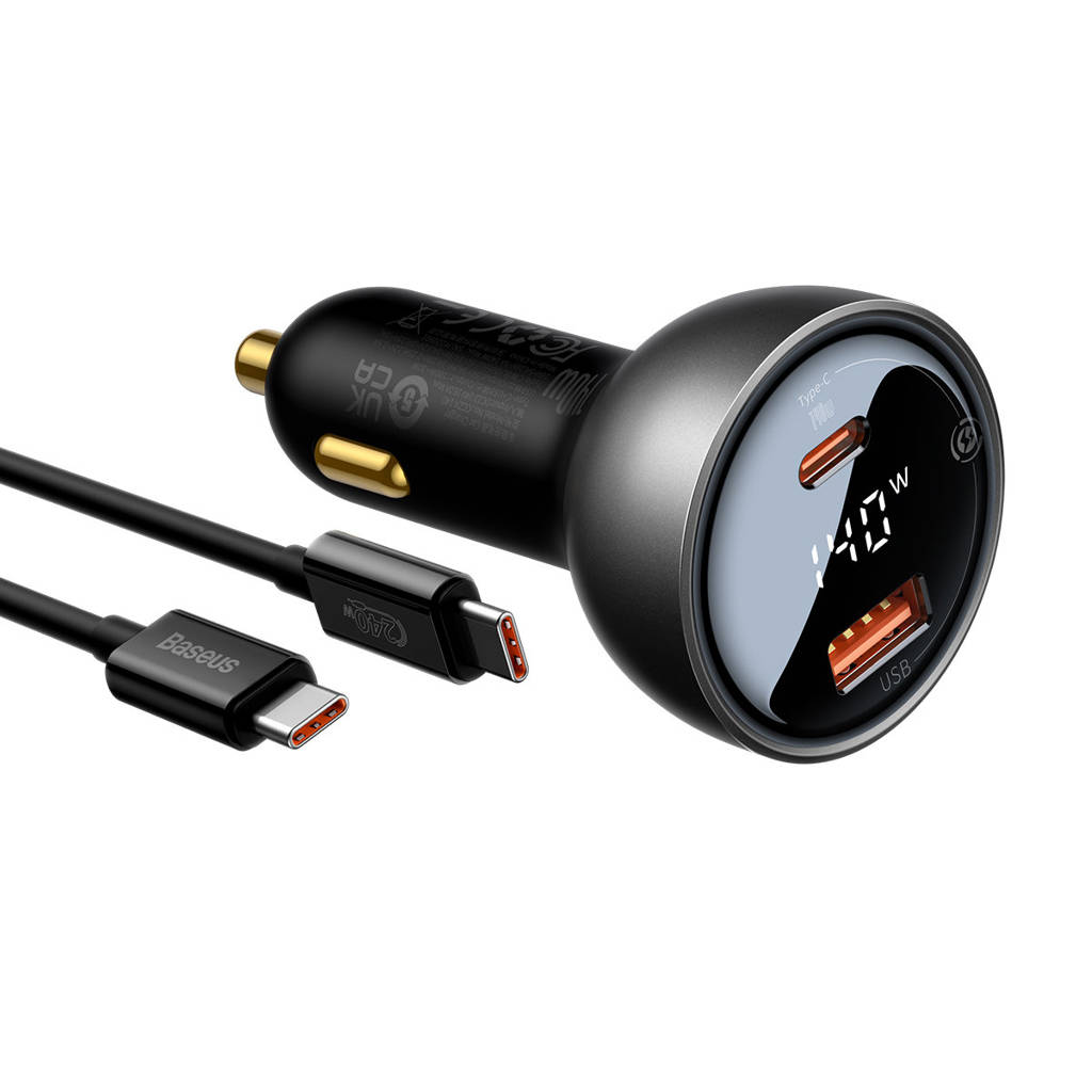 Baseus Dijital Göstergeli 140W PD 3.1 Çift Çıkışlı Ultra Hızlı Araç Şarj Aleti + 240W Type-C Kablo - Obsidian