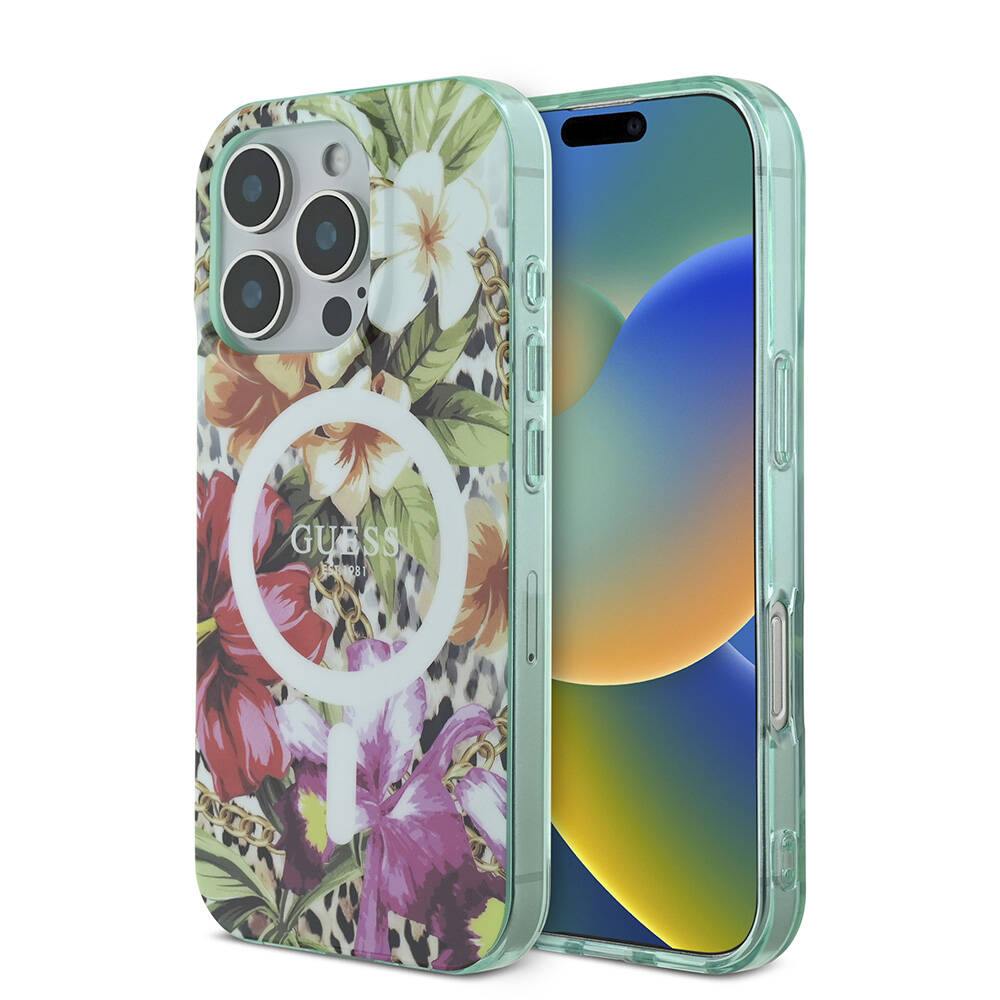 Apple iPhone 16 Pro Uyumlu Kılıf Guess Orjinal Lisanslı M-safe Şarj Özellikli IML Baskılı Jungle Ring Kapak