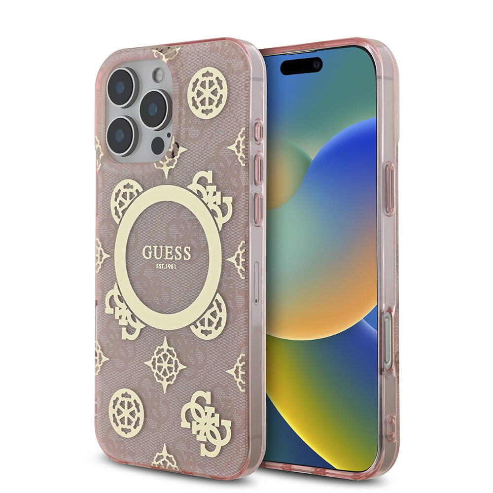 Apple iPhone 16 Pro Max Uyumlu Kılıf Guess Orjinal Lisanslı M-safe Şarj Özellikli IML Peony ve 4G Desenli Klasik Logolu Kapak