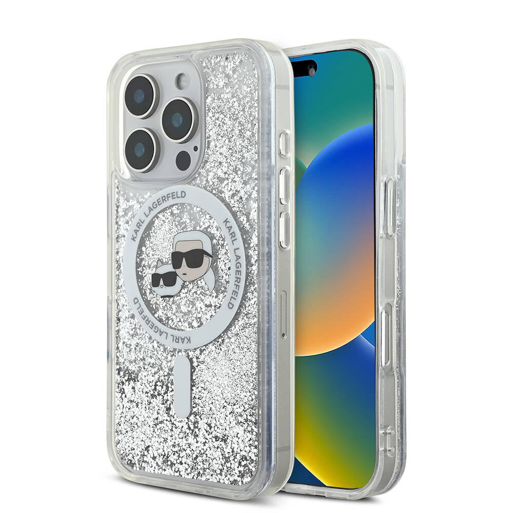 Apple iPhone 16 Pro Uyumlu Kılıf Karl Lagerfeld Orjinal Lisanslı M-safe Şarj Özellikli Sıvılı Simli KC Heads Kapak
