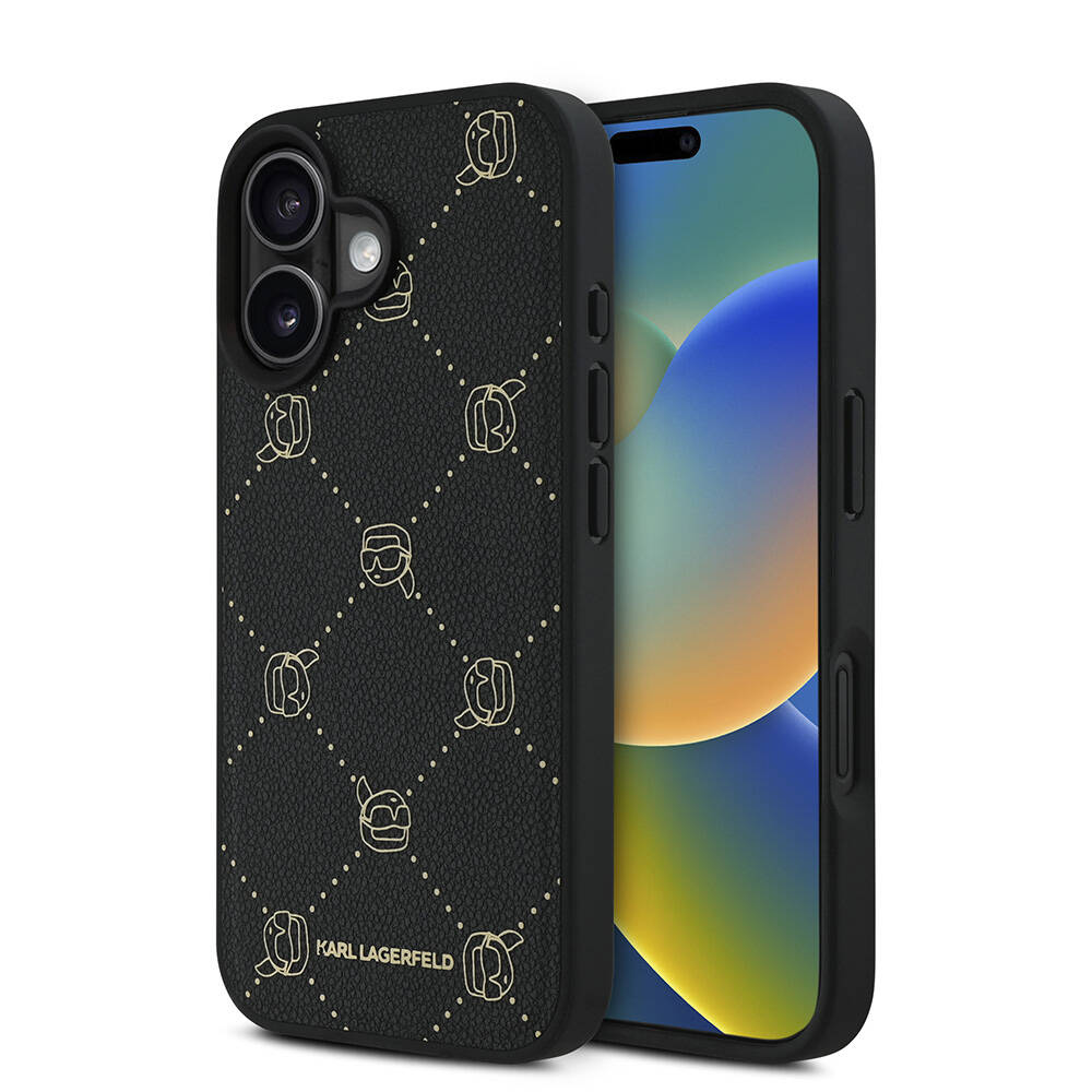 Apple iPhone 16 Uyumlu Kılıf Karl Lagerfeld Orjinal Lisanslı M-safe Şarj Özellikli PU Deri Karl Heads Desenli Klasik Logolu Kapak