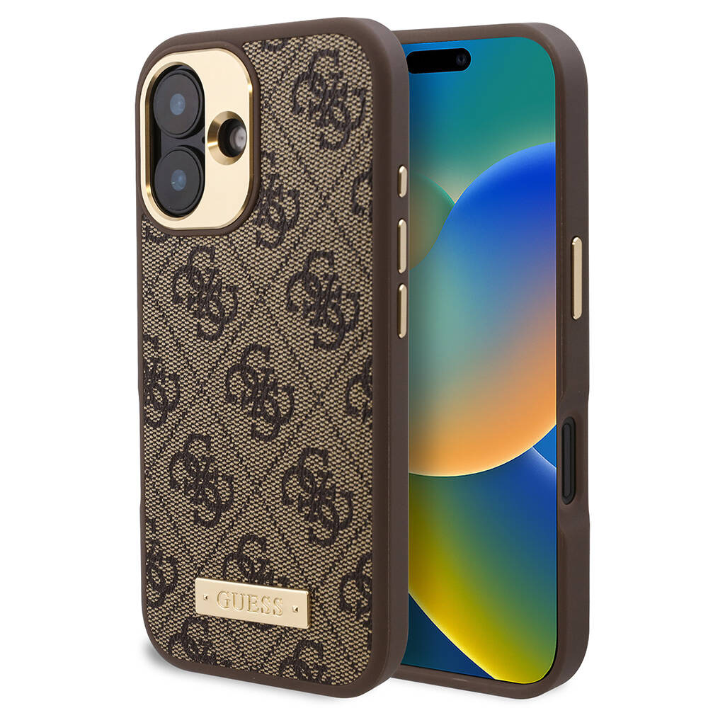 Apple iPhone 16 Plus Uyumlu Kılıf Guess Orjinal Lisanslı M-safe Şarj Özellikli PU 4G Desenli Metal Plaka Klasik Logolu Kapak
