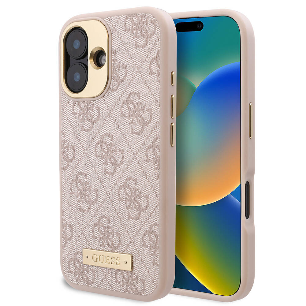 Apple iPhone 16 Plus Uyumlu Kılıf Guess Orjinal Lisanslı M-safe Şarj Özellikli PU 4G Desenli Metal Plaka Klasik Logolu Kapak